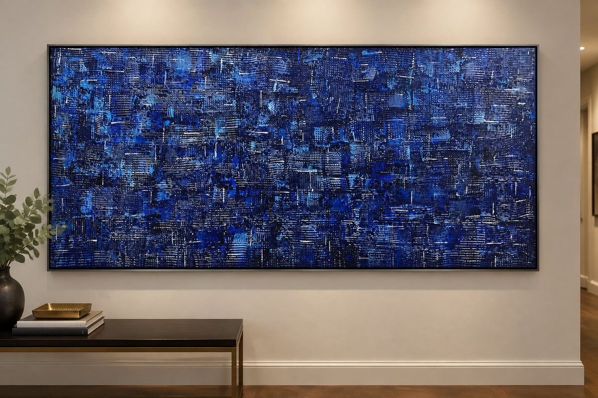 Denim original abstract painting by Alli Cullimore displayed in a hallway — 152.5×76cm acrylic on canvas with richly textured lines and squares in deep indigo, navy and cobalt blue with white highlights