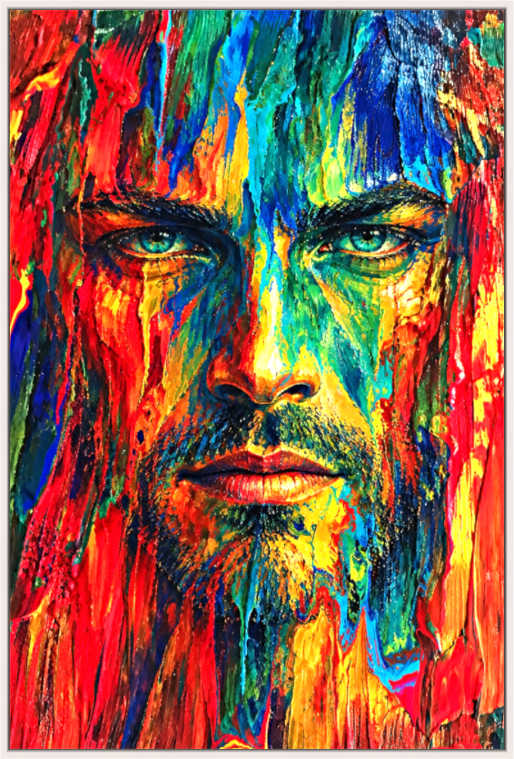 His Fluidity — close-up fine art portrait of a man's face dissolving into cascading streams of electric blue, red, yellow and green paint, by Gallery 68