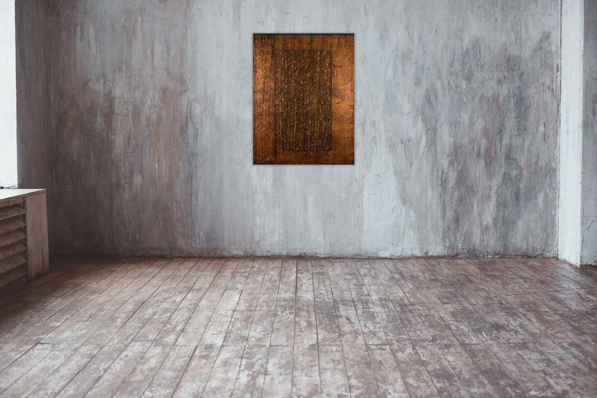 The Doorway original abstract painting by Alli Cullimore hung on a wall in an empty room — 76×102cm acrylic on canvas in burnished gold, copper and chocolate