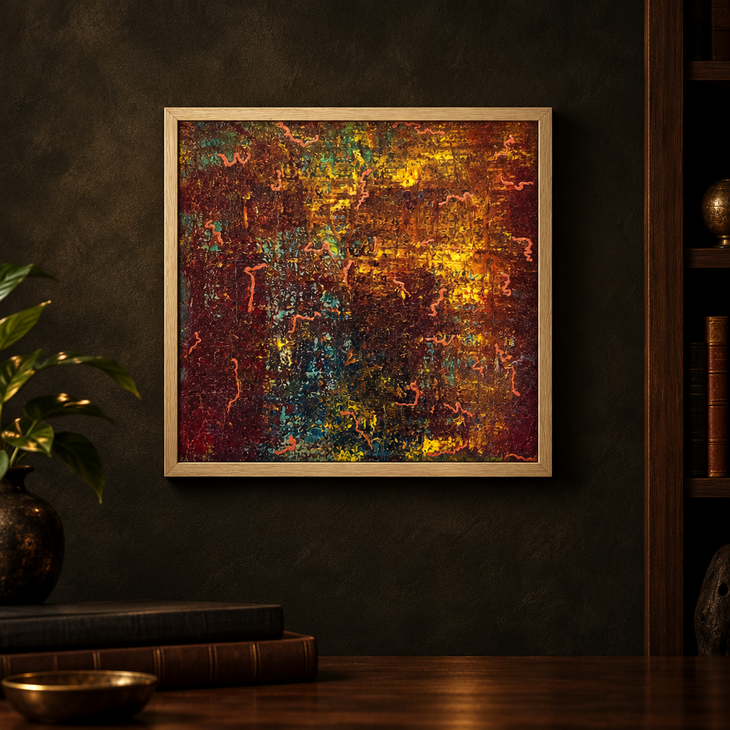 Earth Below original abstract painting by Alli Cullimore displayed in a dark moody study — 54.5×54.5cm acrylic on canvas in deep reds, gold, teal and copper, in a natural wood frame