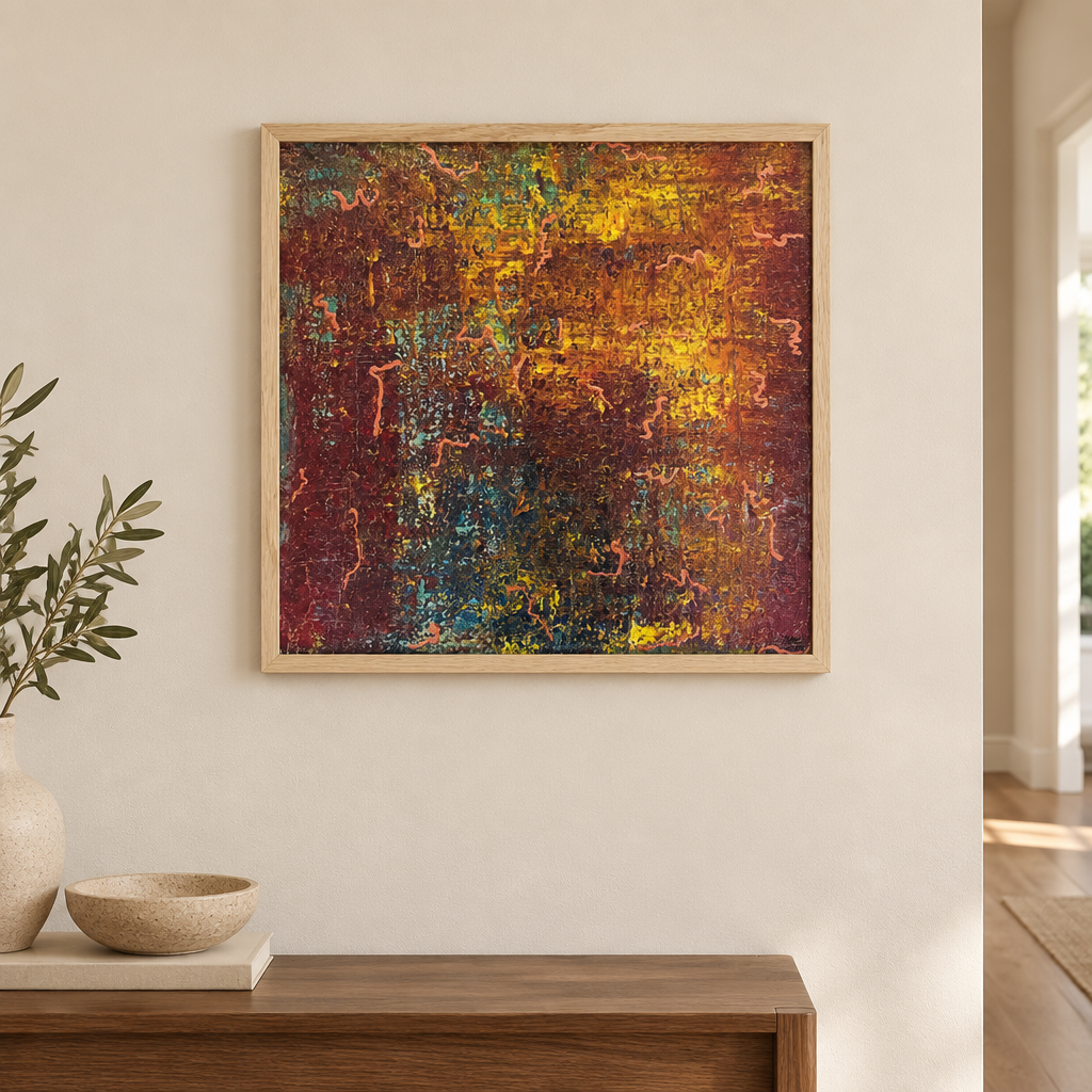 Earth Below original abstract painting by Alli Cullimore displayed in a hallway — 54.5×54.5cm acrylic on canvas in deep reds, gold, teal and copper, in a natural wood frame