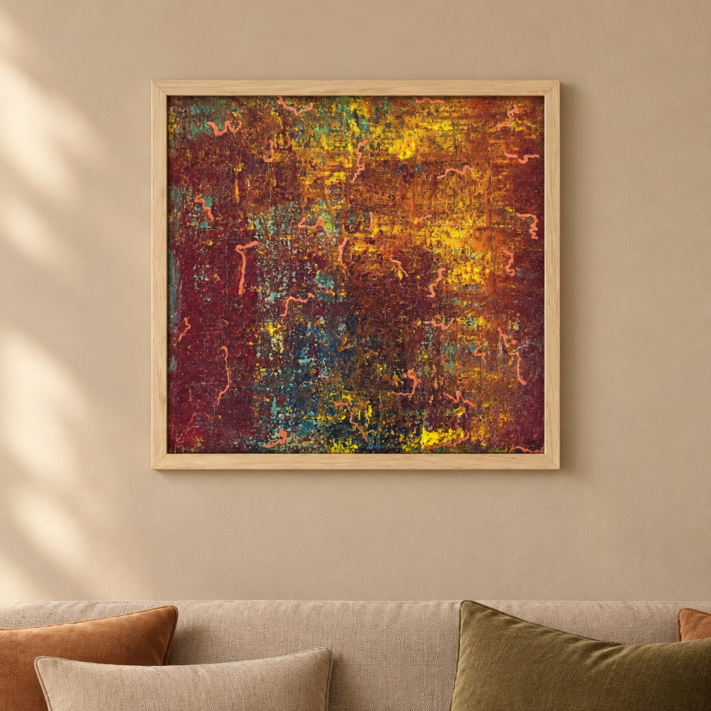 Earth Below original abstract painting by Alli Cullimore displayed in a lounge — 54.5×54.5cm acrylic on canvas in deep reds, gold, teal and copper, in a natural wood frame