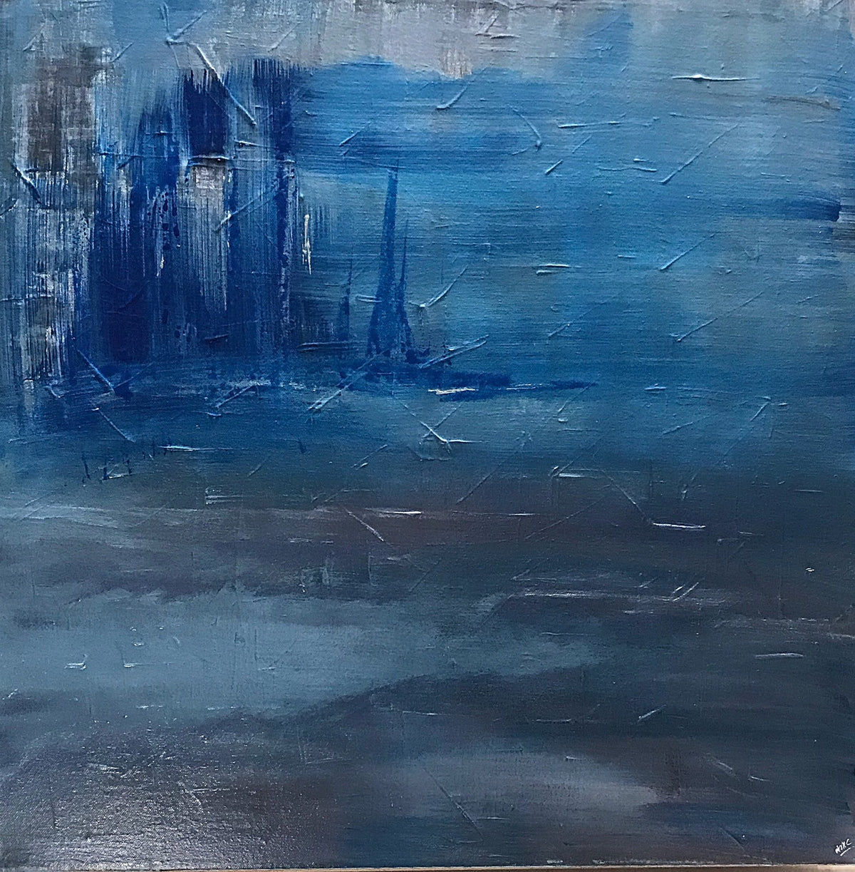 Stormy Seas original abstract painting by Alli Cullimore — 60×60cm acrylic on canvas with textured blues, teal and dark grey evoking a stormy seascape with sailing vessels