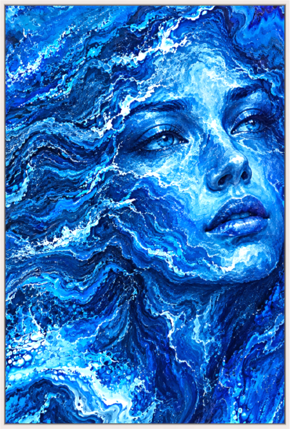 His Fluidity — close-up fine art portrait of a man's face dissolving into cascading streams of electric blue, red, yellow and green paint, by Gallery 68