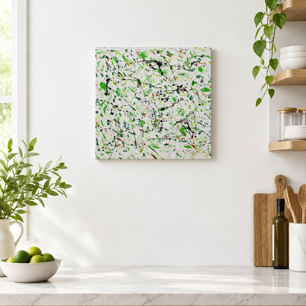 Green Pastures original abstract painting by Alli Cullimore displayed in a kitchen — 41×41cm acrylic on canvas with splattered dark and light greens, black and earth tones on a white textured base