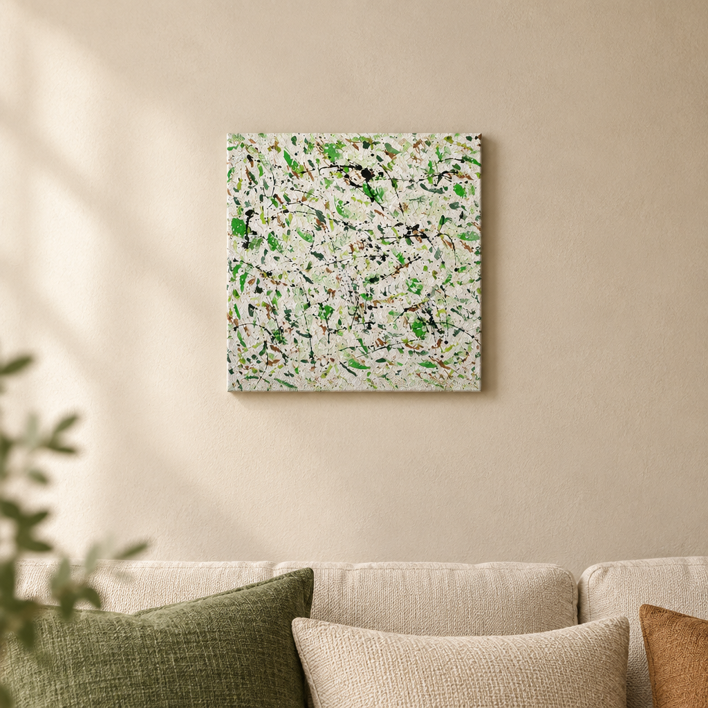 Green Pastures original abstract painting by Alli Cullimore displayed in a lounge — 41×41cm acrylic on canvas with splattered dark and light greens, black and earth tones on a white textured base
