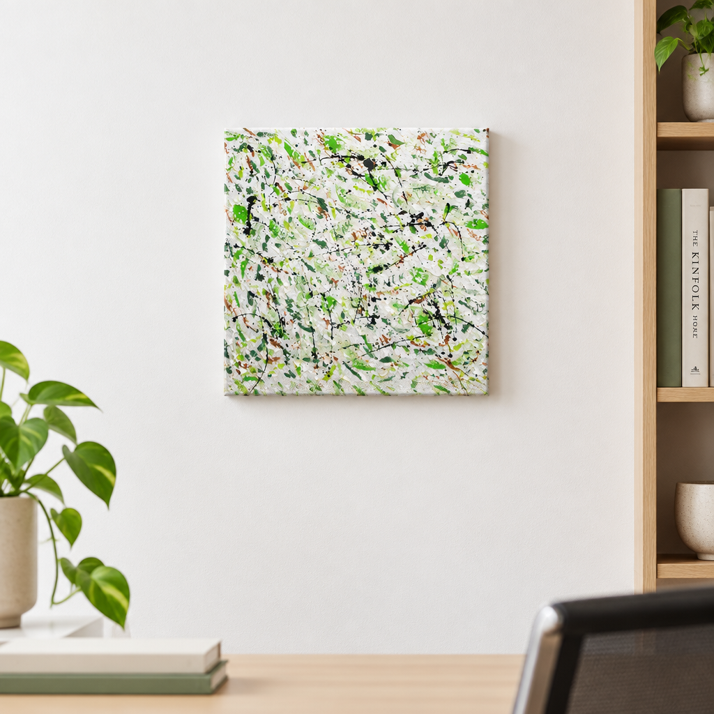Green Pastures original abstract painting by Alli Cullimore displayed in an office — 41×41cm acrylic on canvas with splattered dark and light greens, black and earth tones on a white textured base