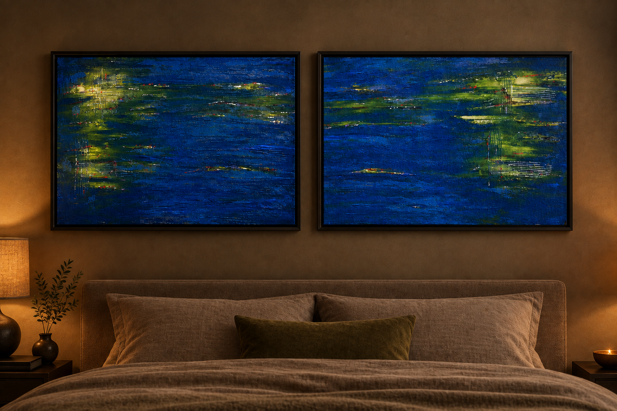 Pond Life original abstract diptych by Alli Cullimore displayed in a bedroom — two black-framed canvases side by side, 80.5×55cm each, in swirling blues, greens and a hint of red