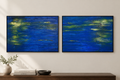 Pond Life original abstract diptych by Alli Cullimore hung in a hallway — two black-framed canvases side by side, 80.5×55cm each, in swirling blues, greens and a hint of red