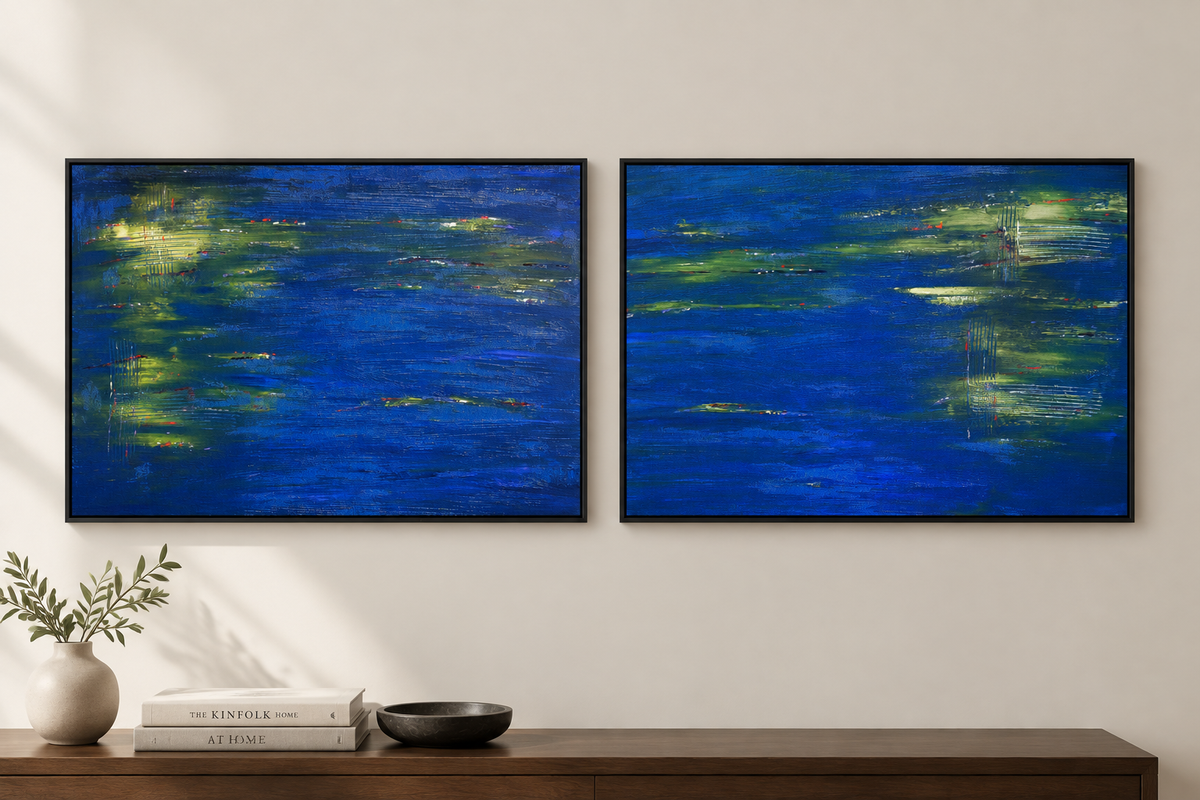 Pond Life original abstract diptych by Alli Cullimore hung in a hallway — two black-framed canvases side by side, 80.5×55cm each, in swirling blues, greens and a hint of red