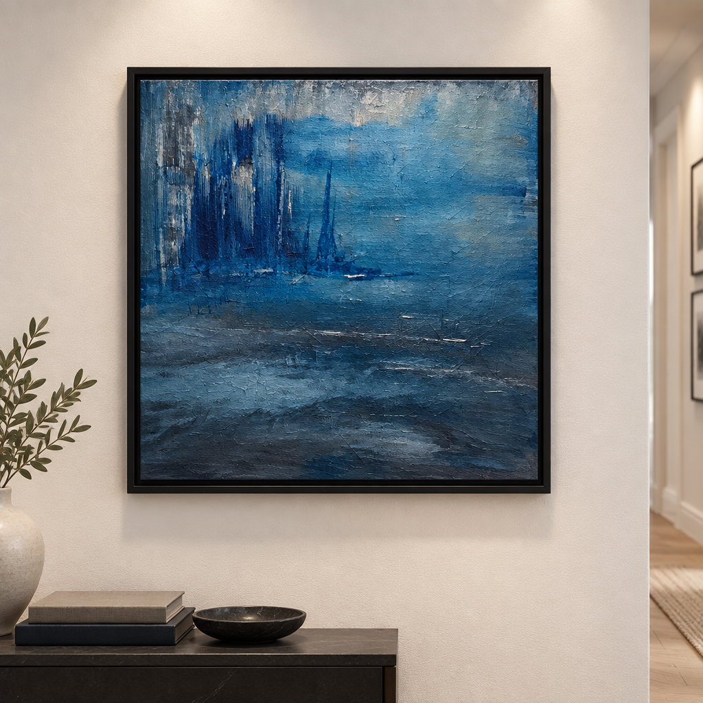 Stormy Seas original abstract painting by Alli Cullimore displayed in a hallway — 60×60cm acrylic on canvas in stormy blues, teal and dark grey, in a black floating frame