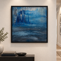 Stormy Seas original abstract painting by Alli Cullimore displayed in a hallway — 60×60cm acrylic on canvas in stormy blues, teal and dark grey, in a black floating frame