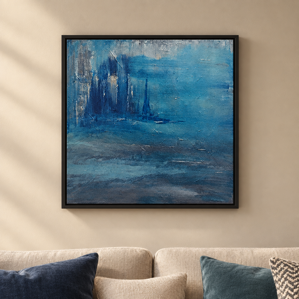 Stormy Seas original abstract painting by Alli Cullimore displayed in a lounge — 60×60cm acrylic on canvas in stormy blues, teal and dark grey, in a black floating frame