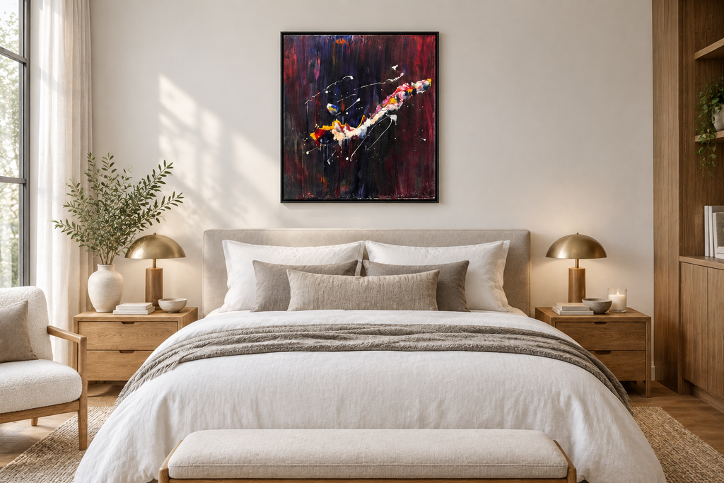 String Theory by Alli Cullimore — vivid fluid abstract marks in red, yellow, white and blue cascading against a white background in a bedroom setting, Gallery 68