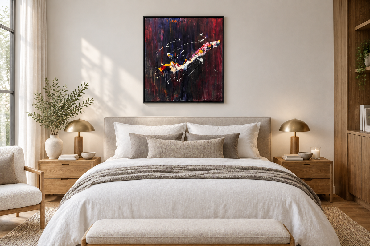 String Theory by Alli Cullimore — vivid fluid abstract marks in red, yellow, white and blue cascading against a white background in a bedroom setting, Gallery 68