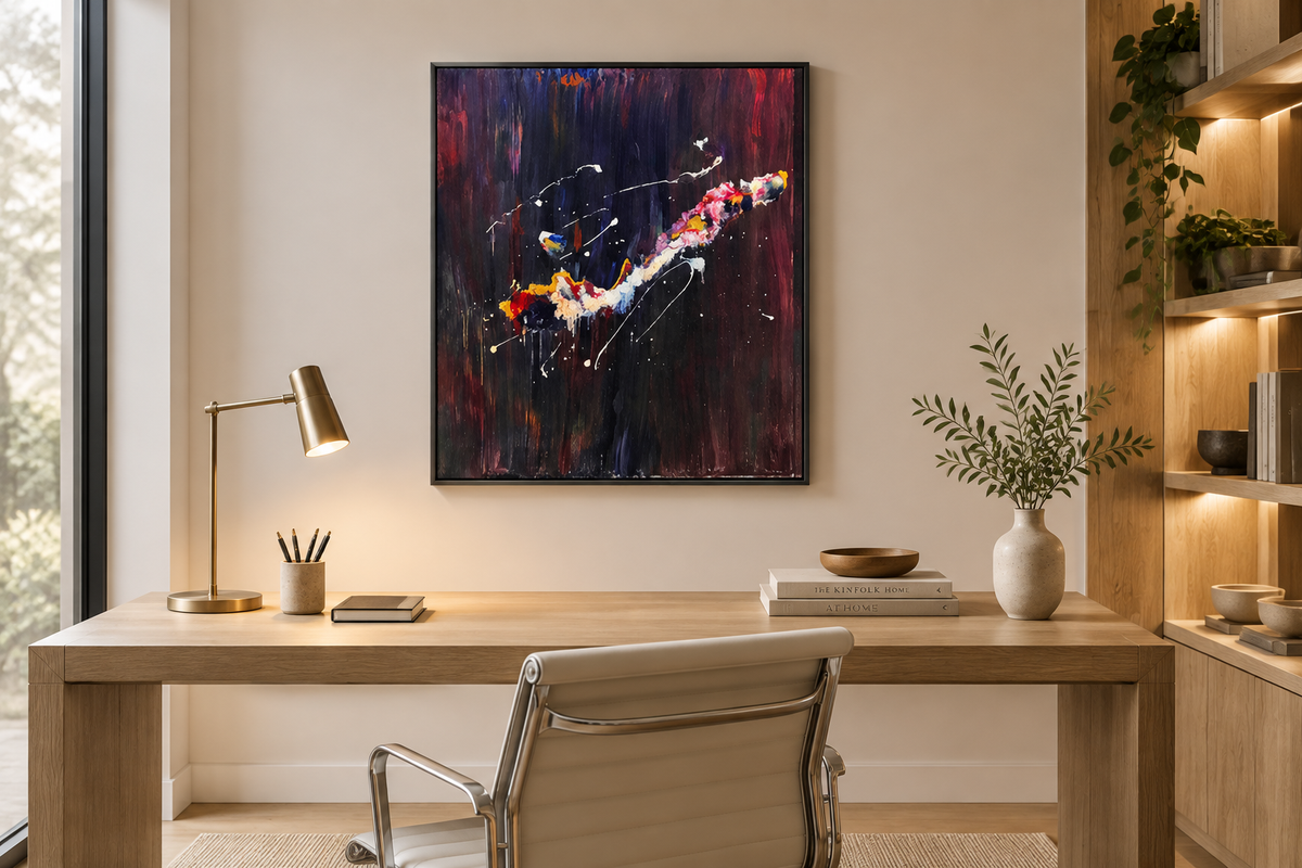 String Theory by Alli Cullimore — vivid fluid abstract marks in red, yellow, white and blue cascading against a cream background in an office setting, Gallery 68