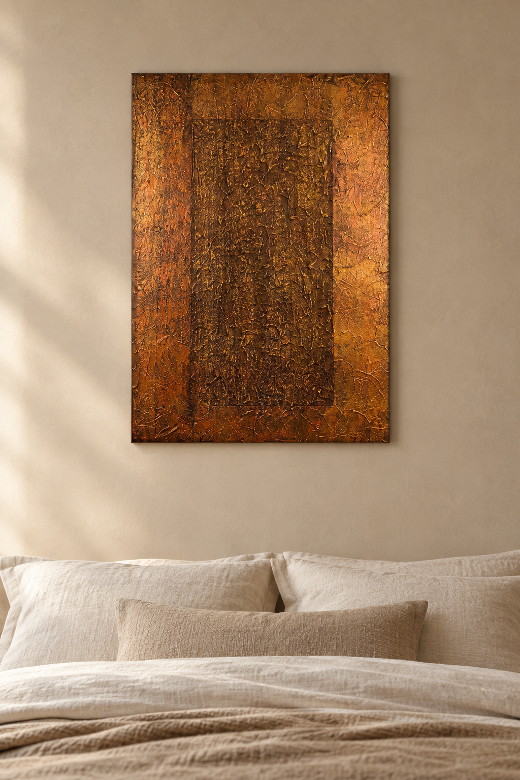 The Doorway - original unframed abstract painting by Alli Cullimore hung on a bedroom wall — 76×102 cm acrylic on canvas in burnished gold, copper and deep chocolate