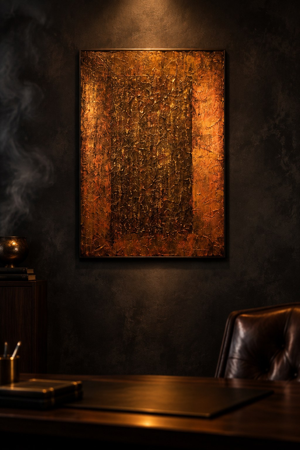 The Doorway original abstract painting by Alli Cullimore displayed in a dark moody office — 76×102 cm acrylic on canvas with glowing gold and copper tones against charcoal walls