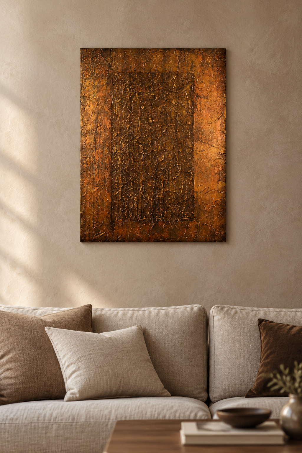 The Doorway original abstract painting by Alli Cullimore hung in a lounge — 76×102 cm acrylic on canvas in burnished gold, copper and deep chocolate